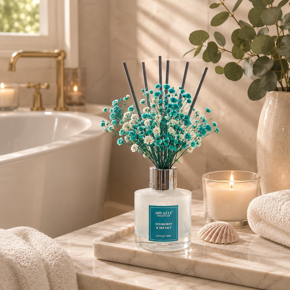 Airkeep Reed Diffuser Set,3.38 fl oz (100 ml) - Ocean Mist&Sea Salt Oil Diffusers with 8 Reed Sticks,Home Fragrance Reed Diffuser for Bathroom Shelf Decor