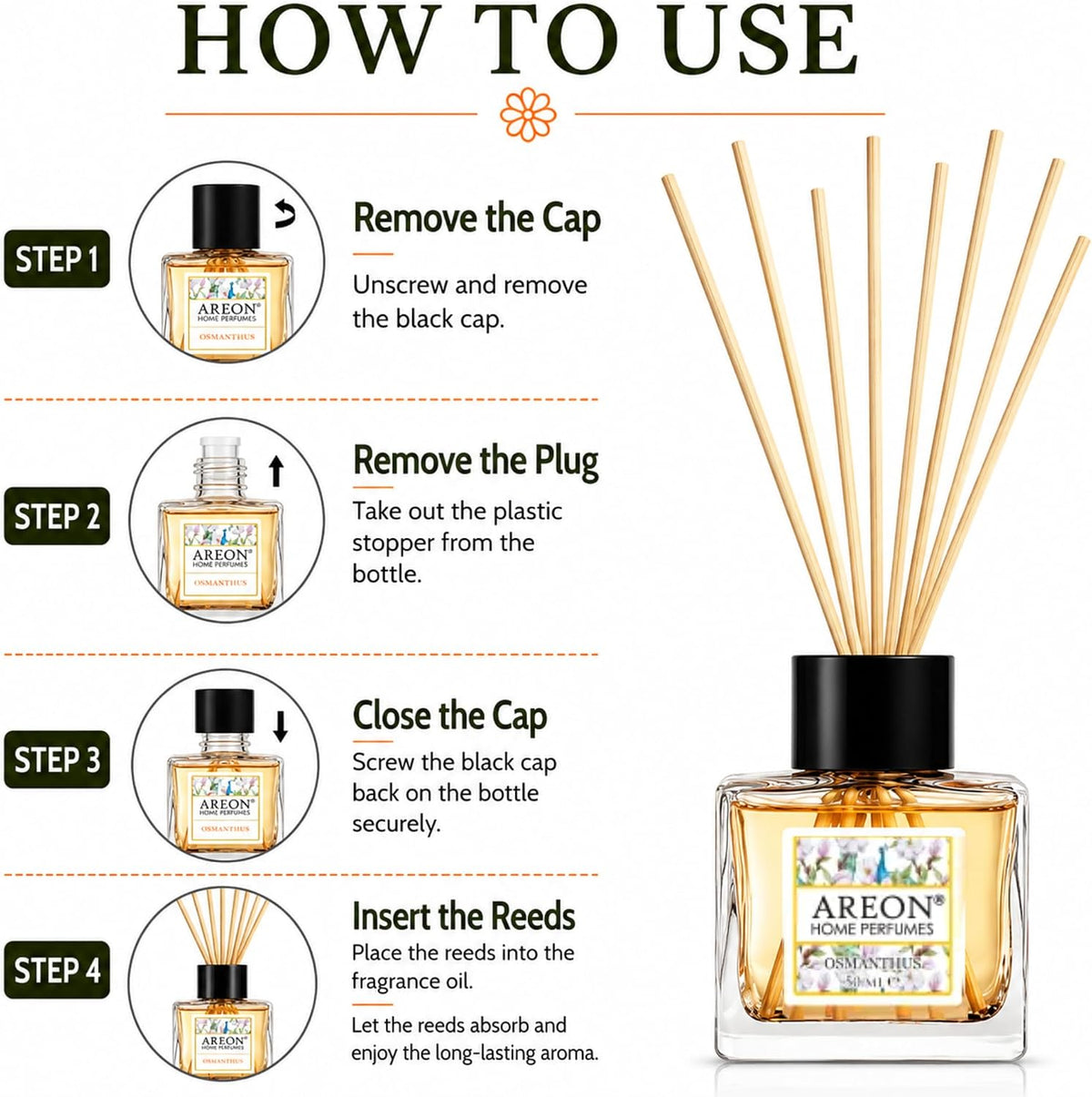 Areon Osmanthus Home Luxury Perfume Reed Diffuser,10 Rattan Reeds,50ml