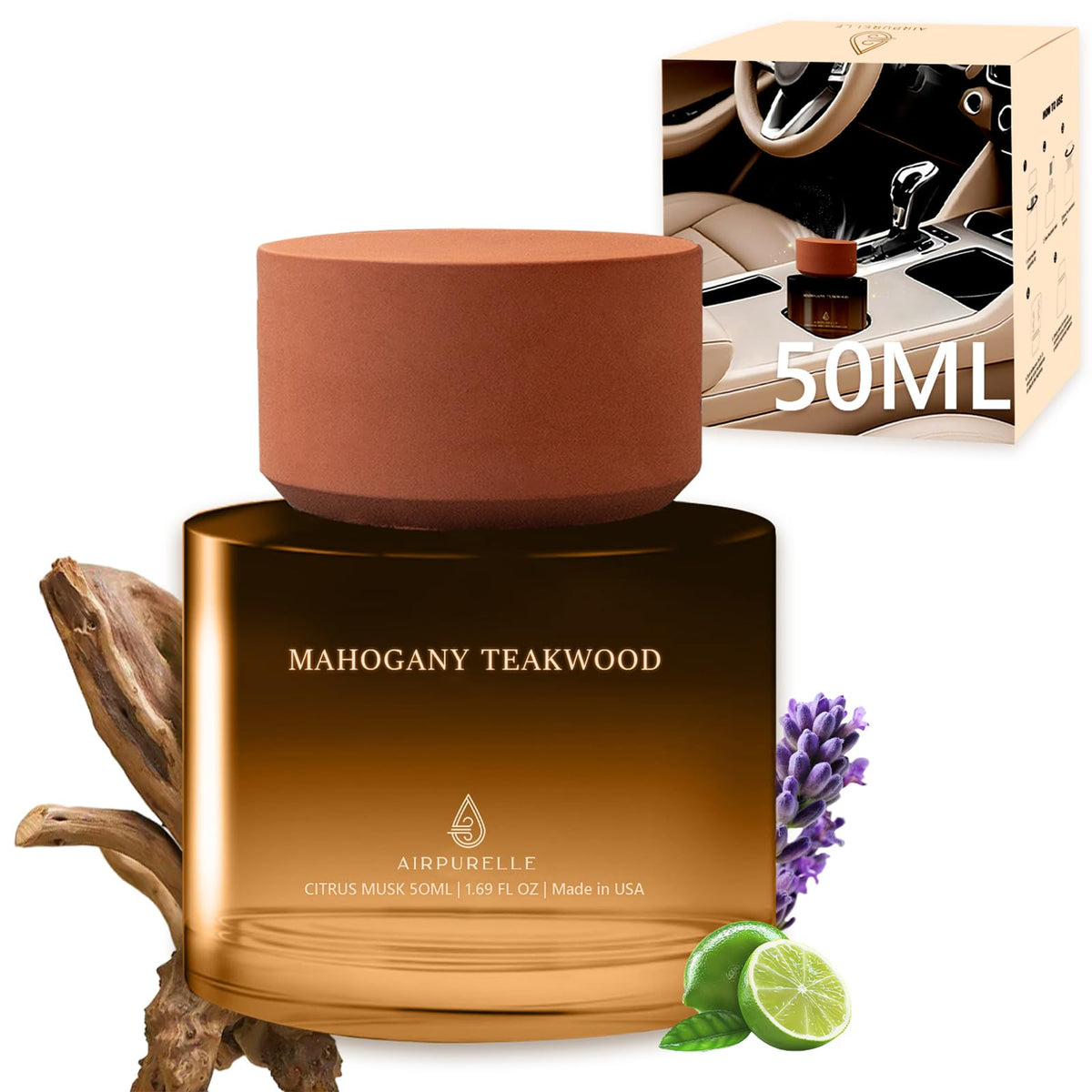 Car Air Freshener 50ML (1.7 FL OZ) Car Air Fresheners Perfume - Mahogany Teakwood Fragrance Oil Air Diffuser for Car, 180+ days Long Lasting Fragrance, Wooden Cup Design Car Fresheners, Made in USA