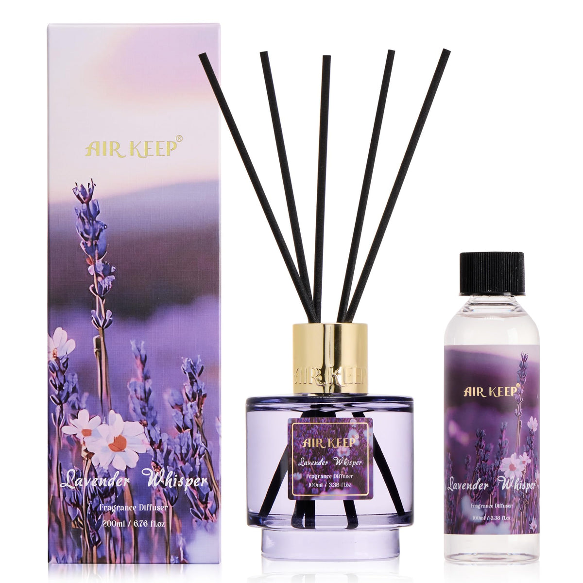 Airkeep Reed Diffuser Set with Refill & 8 Reed Sticks, 6.96 fl oz Lavender Whisper Home Fragrance, Long Lasting Aromatherapy Diffuser for Bedroom, Bathroom & Living Room