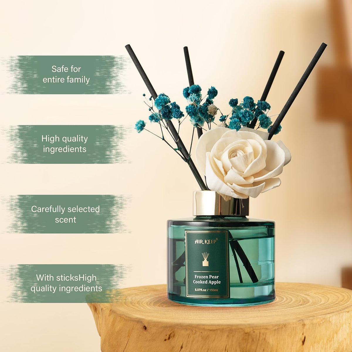 Airkeep Flower Reed Diffusers Set, 5.07 oz Pear/Apple/Berry Scented Oil Diffuser with 8 Reed Sticks, Home Fragrance Diffuser Gift Set for Bathroom & Office Decor 150ml