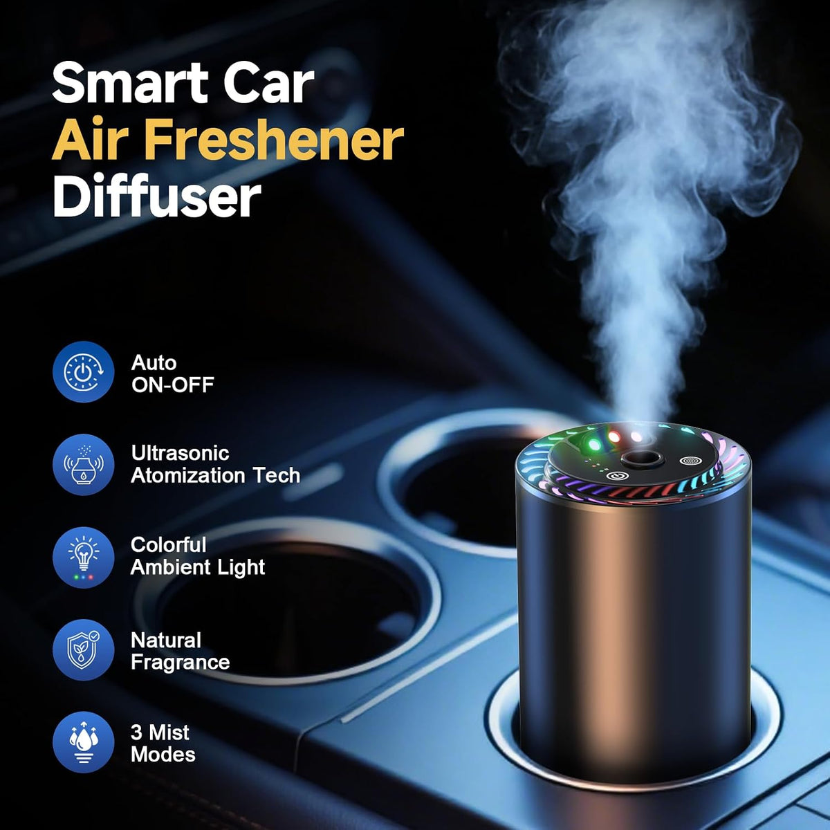 Smart Car Air Freshener with Star Light & 100ml Diffusers Oil Refills, Auto On/Off Aroma Diffuser, 3 Adjustable Mist Modes Rechargeable Aromatizante para Carro - Car Diffuser（Cologne+Ocean）