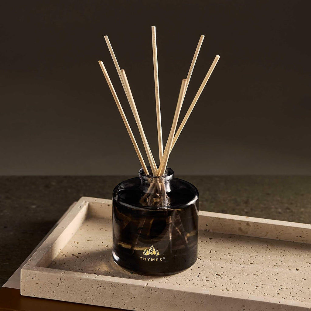 Thymes Petite Oil Reed Diffuser Set – Includes Reeds, Fragrance Oil & Glass Bottle – Luxury Scent Diffusers for Home Decor –Fresh Evergreen, Smoky Wood & Golden Amber (Noir Woods, 4 fl oz)