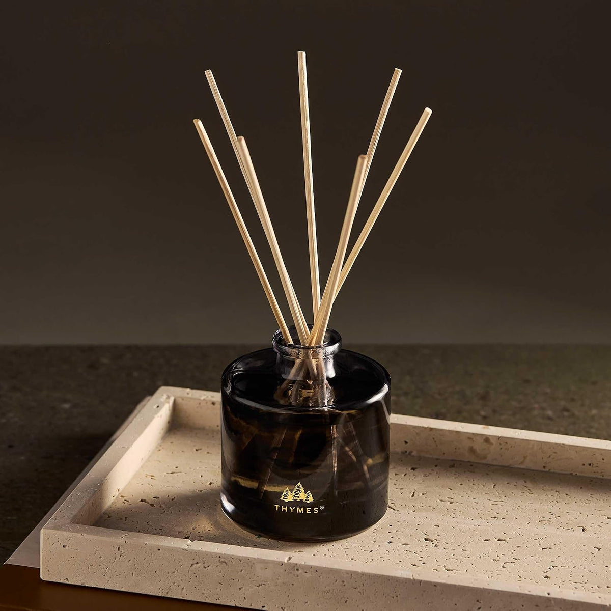 Thymes Petite Oil Reed Diffuser Set – Includes Reeds, Fragrance Oil & Glass Bottle – Luxury Scent Diffusers for Home Decor –Fresh Evergreen, Smoky Wood & Golden Amber (Noir Woods, 4 fl oz)