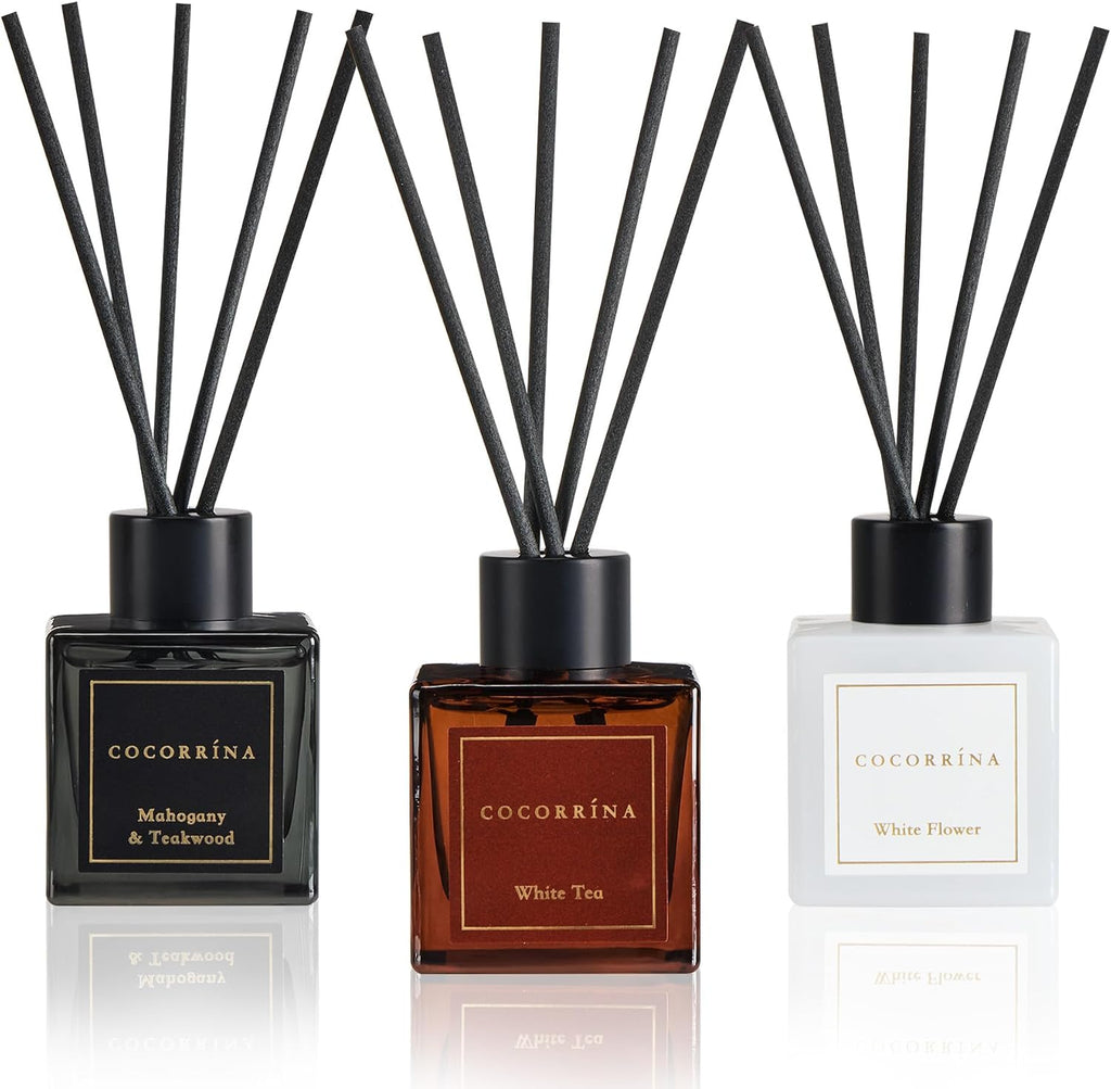 COCORRÍNA Hotel Collection Reed Diffuser Set, 3.04 fl oz Trio, Mahogany Teakwood, White Flower & White Tea, Home Fragrance for Bathroom, Bedroom, Entryway & Office