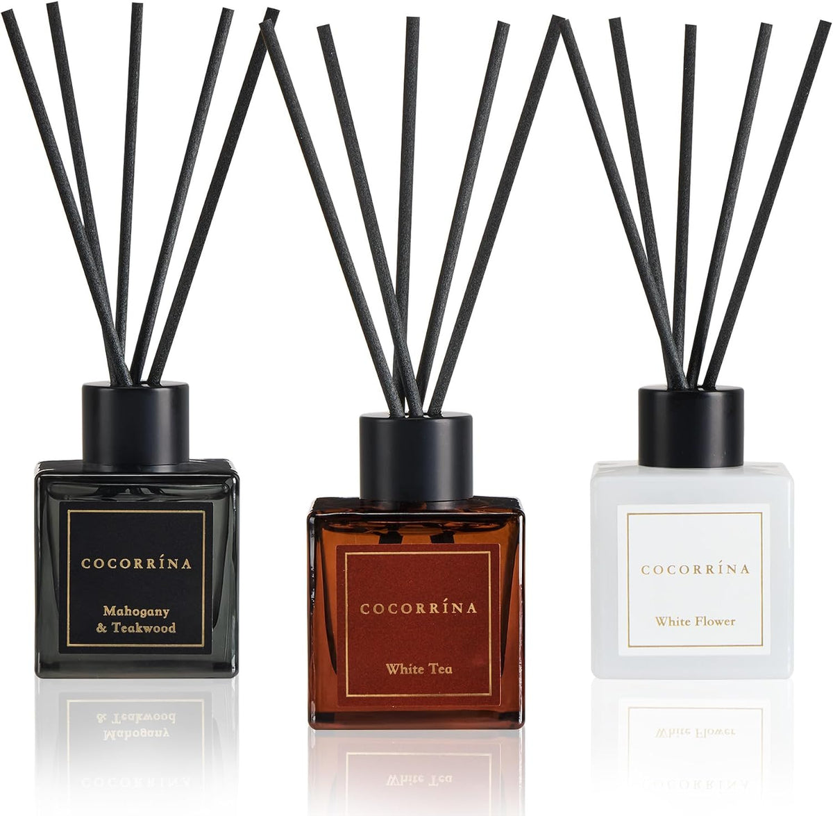 COCORRÍNA Hotel Collection Reed Diffuser Set, 3.04 fl oz Trio, Mahogany Teakwood, White Flower & White Tea, Home Fragrance for Bathroom, Bedroom, Entryway & Office