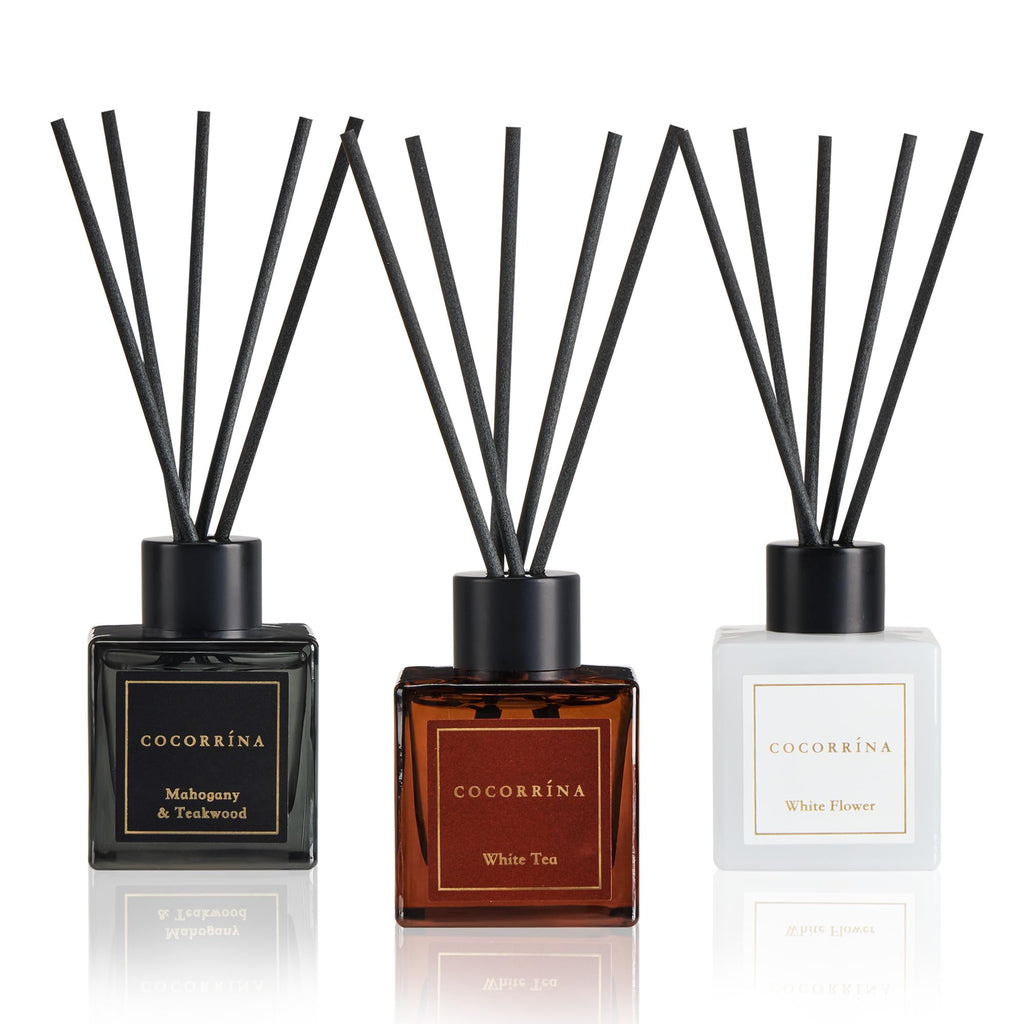 COCORRÍNA Hotel Collection Reed Diffuser Set, 3.04 fl oz Trio, Mahogany Teakwood, White Flower & White Tea, Home Fragrance for Bathroom, Bedroom, Entryway & Office