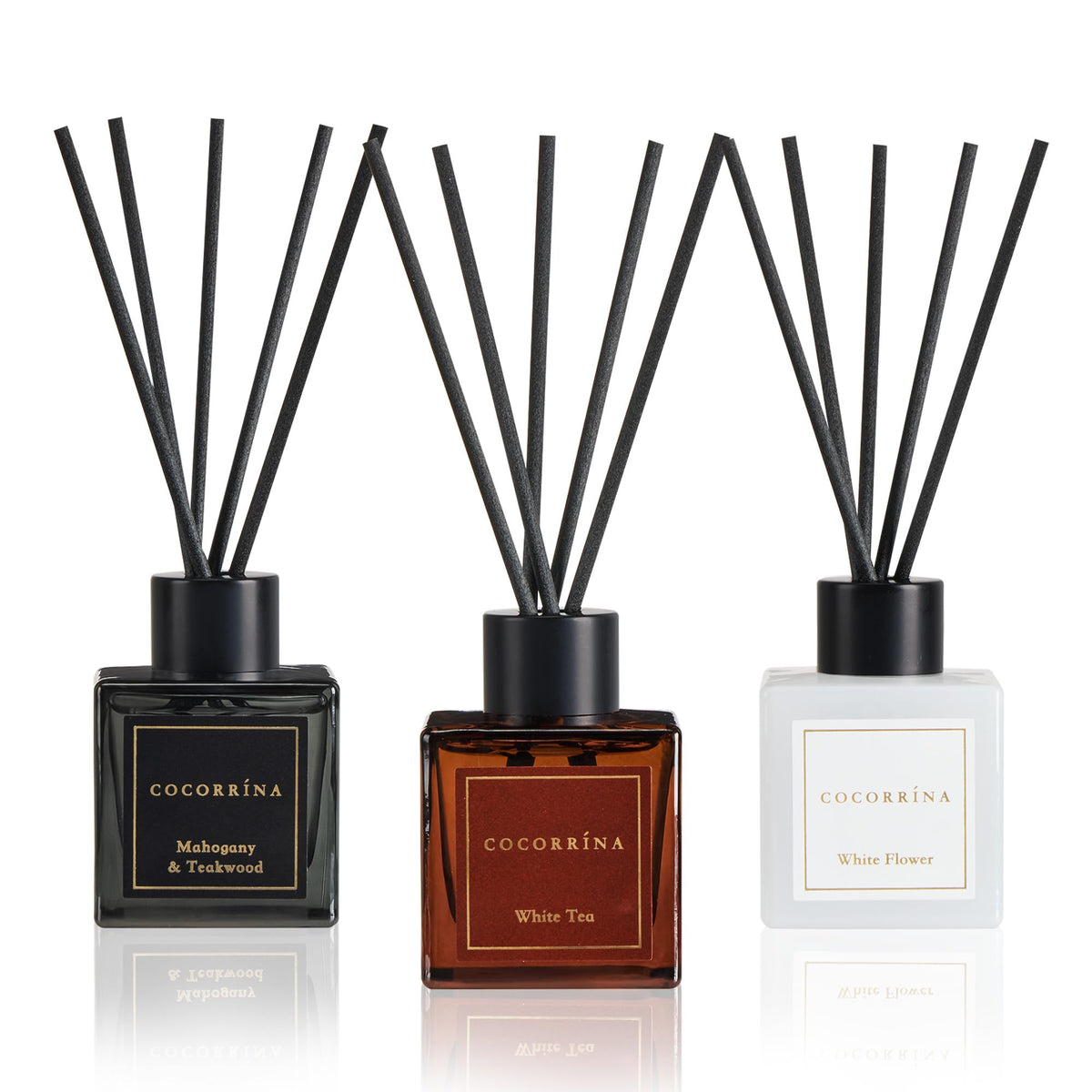 COCORRÍNA Hotel Collection Reed Diffuser Set, 3.04 fl oz Trio, Mahogany Teakwood, White Flower & White Tea, Home Fragrance for Bathroom, Bedroom, Entryway & Office