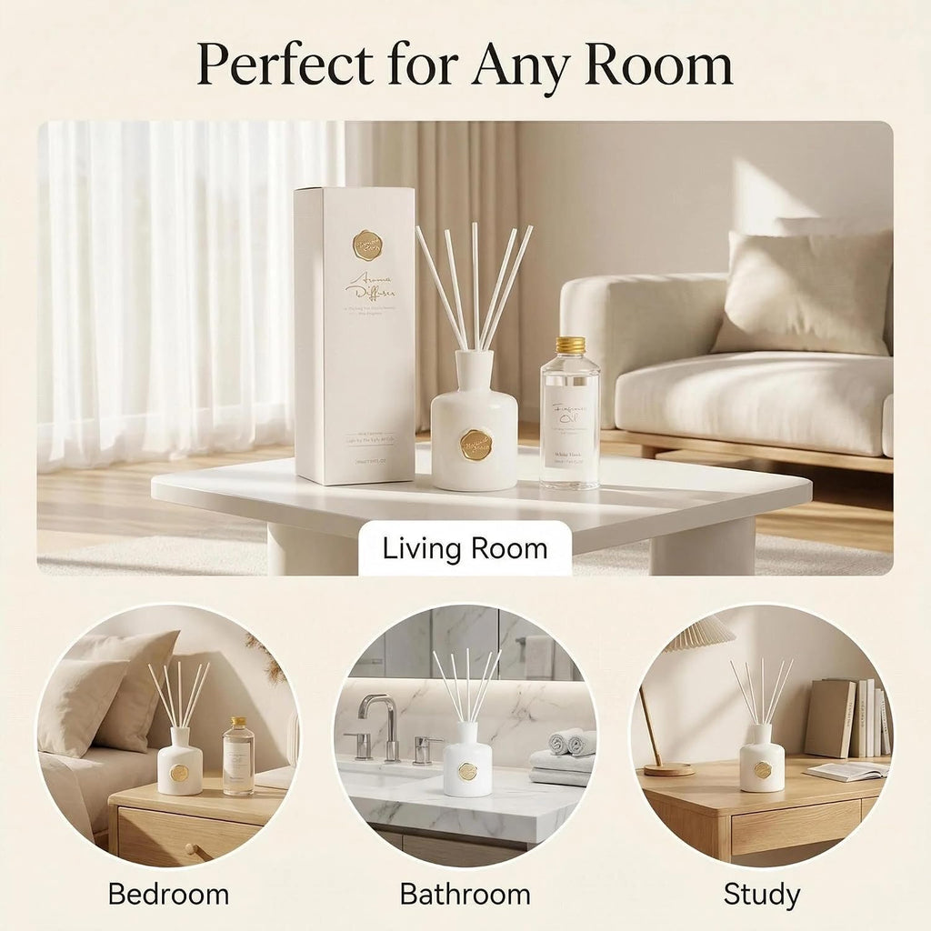 White Musk Reed Diffuser, Long Lasting Essential Oil Home Fragrance