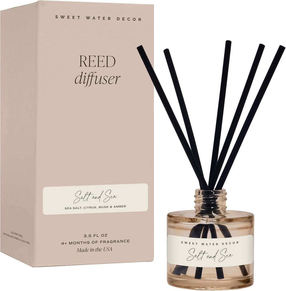 Sweet Water Decor Salt and Sea Reed Diffuser - Sea Salt, Citrus, Musk & Amber Scent - Long-Lasting 4 Month Home Fragrance, Non-Toxic, Aesthetic Home & Bathroom Decor, Made in USA, 3.5 Fl Oz