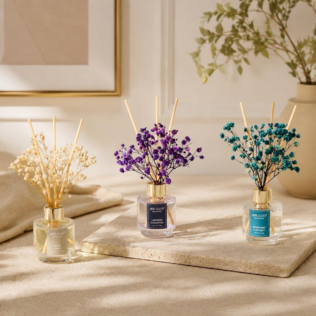 Airkeep Reed Diffuser Set of 3,Clean Linen Ocean Mist&Sea Salt Lavender Eucalyptus Oil Reed Diffusers for Bedroom Living Room Office Aromatherapy Oil Reed Diffuser for Gift 50ml x 3