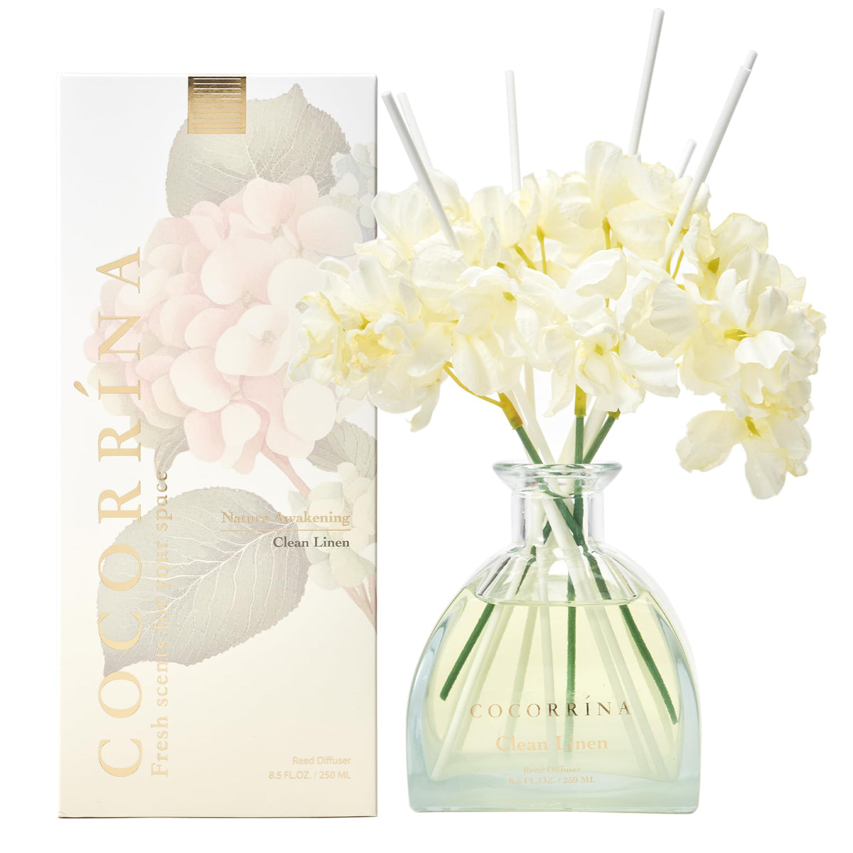 COCORRÍNA Reed Diffuser - 8.5 Oz Clean Linen Reed Diffuser with 8 Sticks for Home Bathroom Shelf Decor (Simple Luxe Collection)