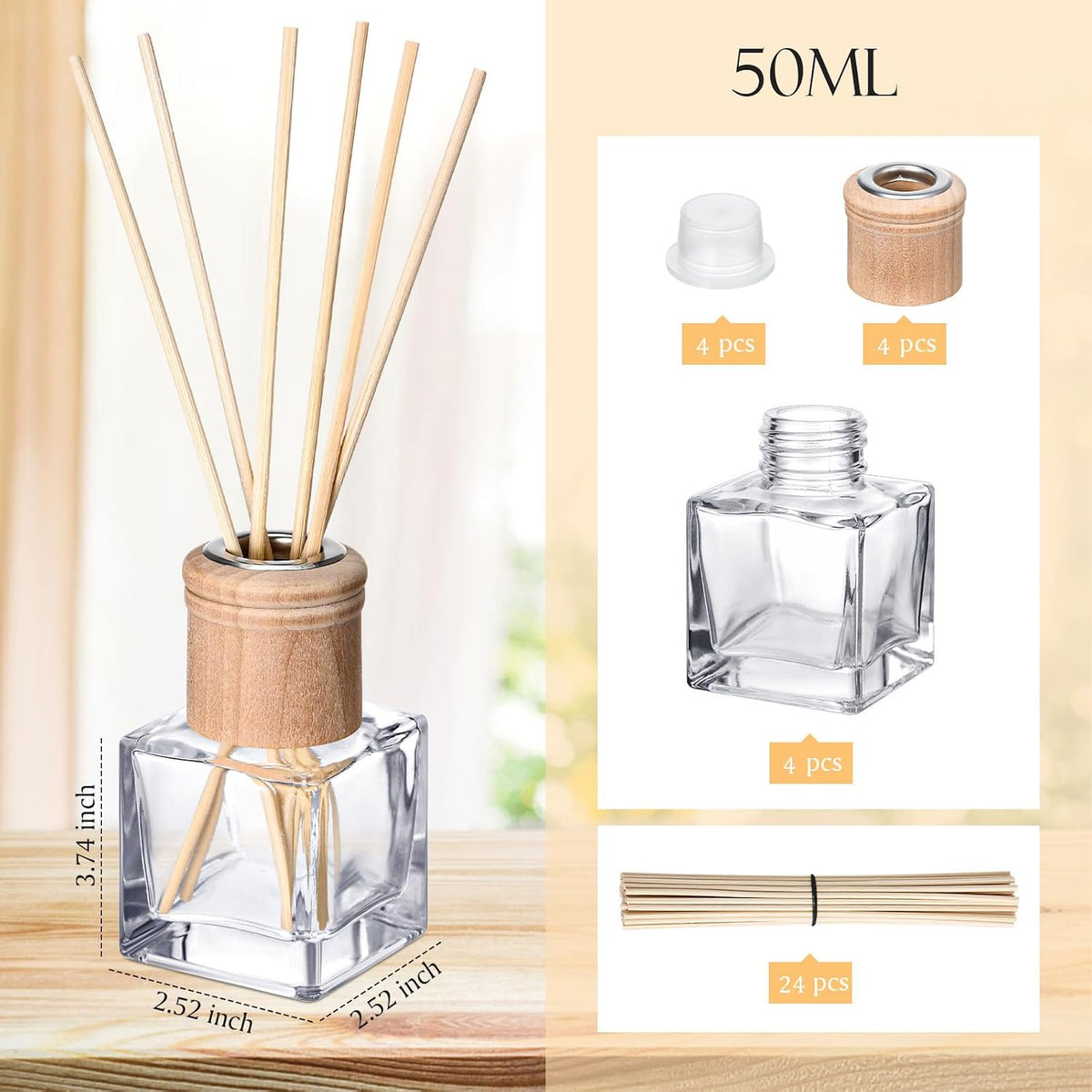 Roshtia 4 Set Reed Diffuser Bottles 50ml Glass Wooden Caps Rattan Sticks