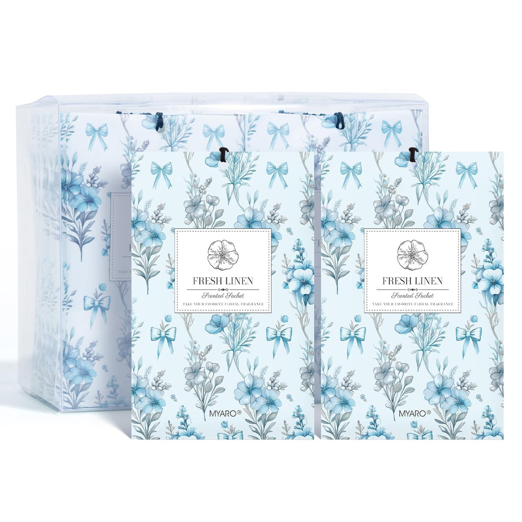 MYARO 12 Pack Fresh Linen Scented Sachets, Closet Deodorizer Car Freshener