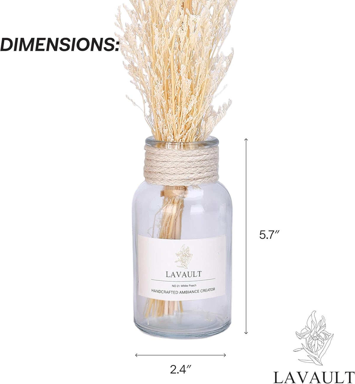 Lavault Reed Diffuser - Long-Lasting Scent Diffusers for Home or Office - Fragrance for Relaxing Atmosphere - Dried Plants and Essential Oils - Reed Diffuser for Bathroom - White Peach Scent - 3.38oz