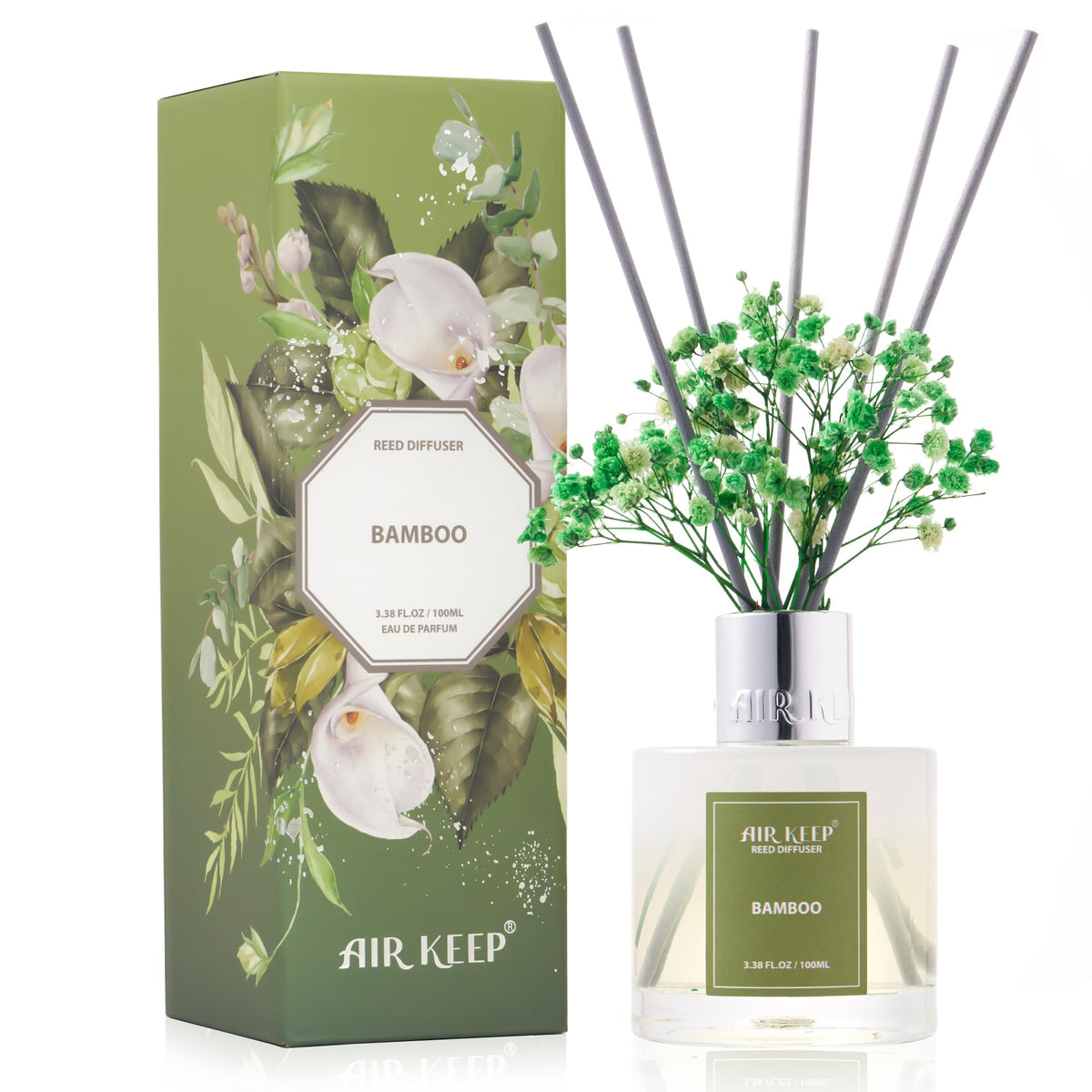 Airkeep Reed Diffuser Set, 3.38 fl oz (100 ml) - Jasmine Lily Lemon Oil Diffusers with 8 Reed Sticks, Home Fragrance Reed Diffuser for Bathroom Shelf Decor