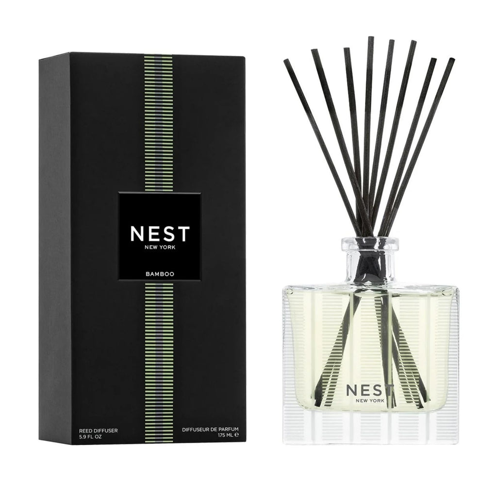 NEST New York Reed Diffuser, Bamboo - 5.9 fl oz - Fragrance for Up to 90 Days - Reusable, Refillable Glass Holder - Includes 8 All-Natural Reed Sticks - Flame Free