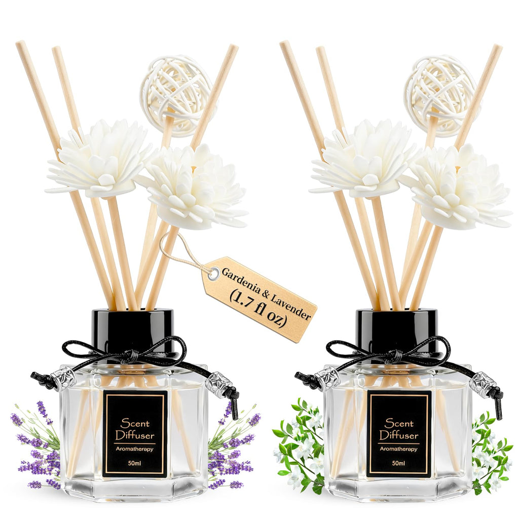 TonJin 2PCS Lavender Reed Diffuser Set 1.7 fl oz with 6 Scent Sticks, Calming Essential Oil Diffuser Sticks for Home, Relaxing Home Fragrance for Bedroom & Bathroom, Natural Non-Toxic Air Freshener