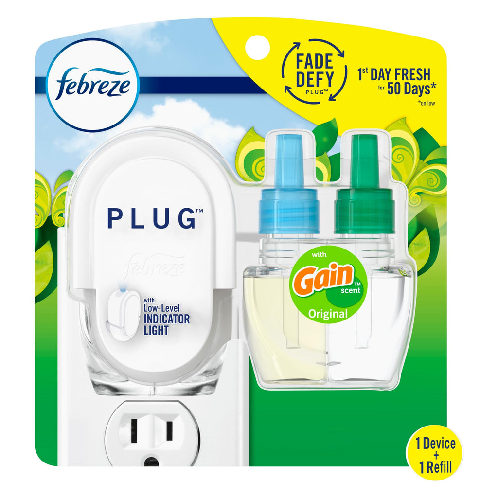 Febreze Plug-In Air Freshener, Odor-Fighting Scented Oil Starter Kit, Air Fresheners for Home, Bathroom and Kitchen, Long Lasting, Gain Original Scent, Warmer + 4 Refill, Multicolor