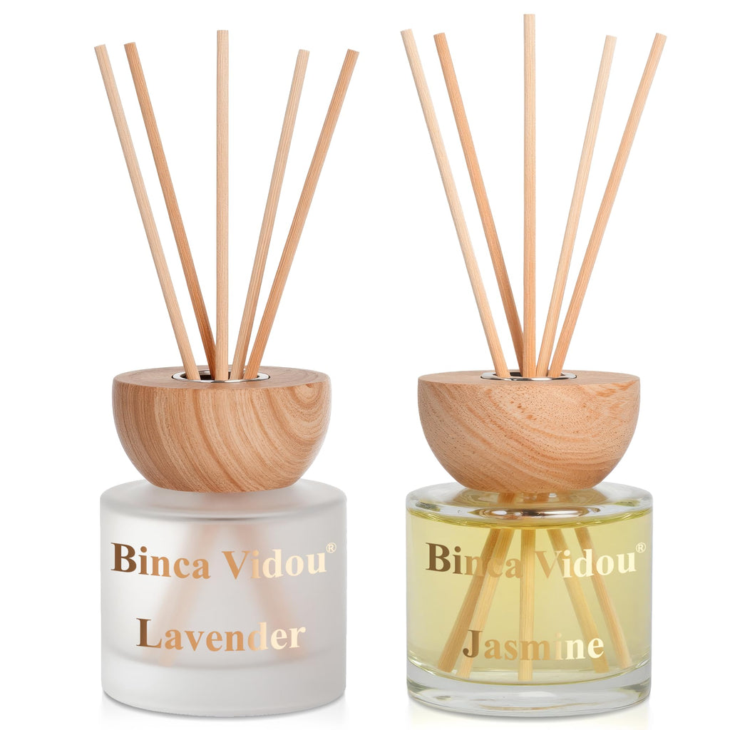 Reed Diffuser Set, Binca Vidou Lavender & Vanilla Natural Scent Oil Diffusers with Sticks for Home Office Bathroom Aromatherapy Decor 1.69oz x 2