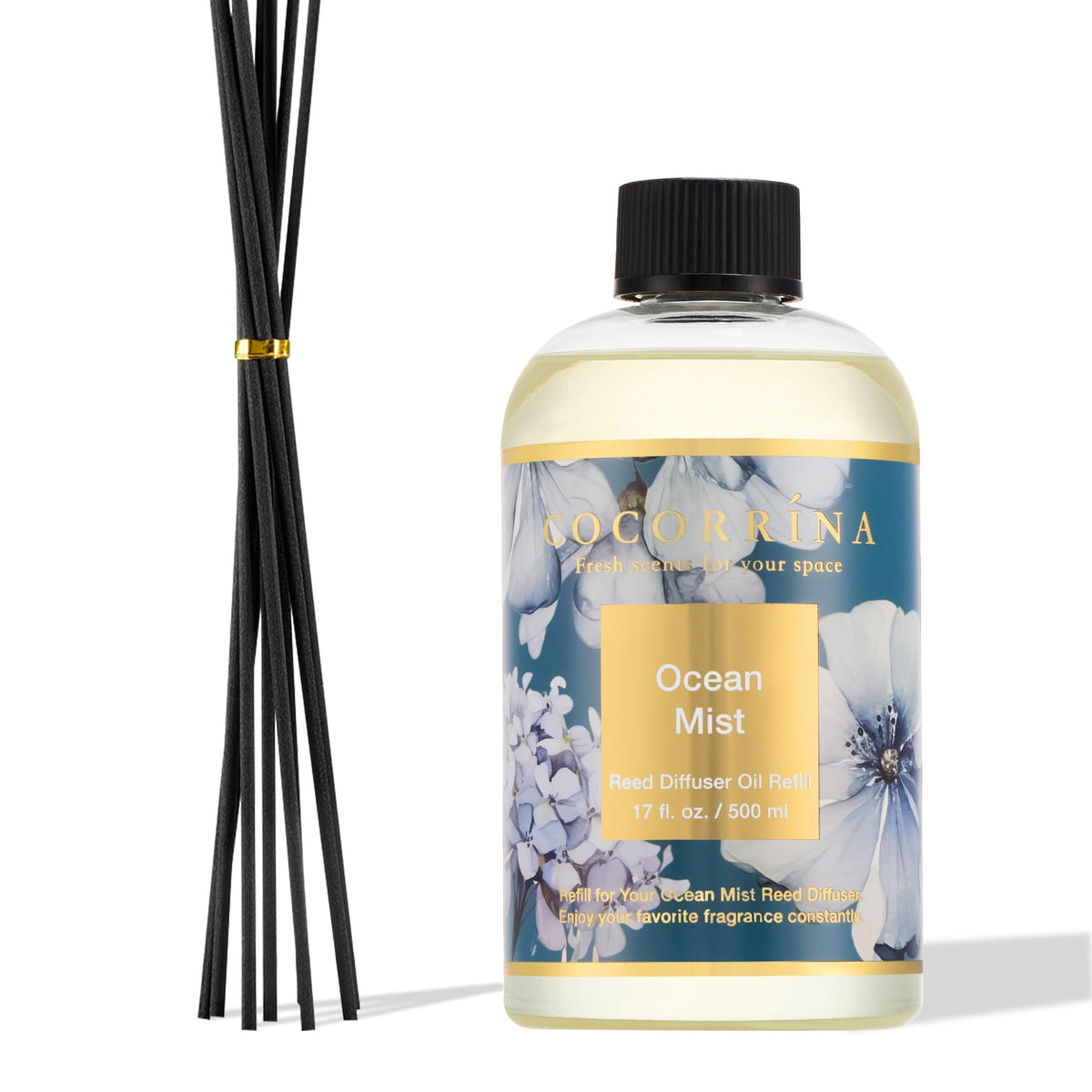 Cocorrína Reed Diffuser Refill Clean Linen 17oz (500ml) with 8 Rattan Sticks - Premium Long-Lasting Scented Oil, Home Fragrance for Bedroom, Bathroom Home Decor