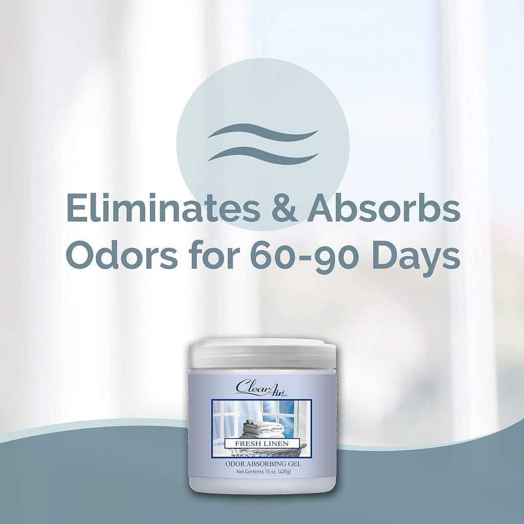Clear Air 15oz Gel Odor Eliminator - Absorb & Remove Strong Odors from Pets, in Bathrooms, Basements, Garage, Cars, RVs & Boats - Eliminate Tough Odors with Essential Oils (Fresh Linen, 2-Pack)