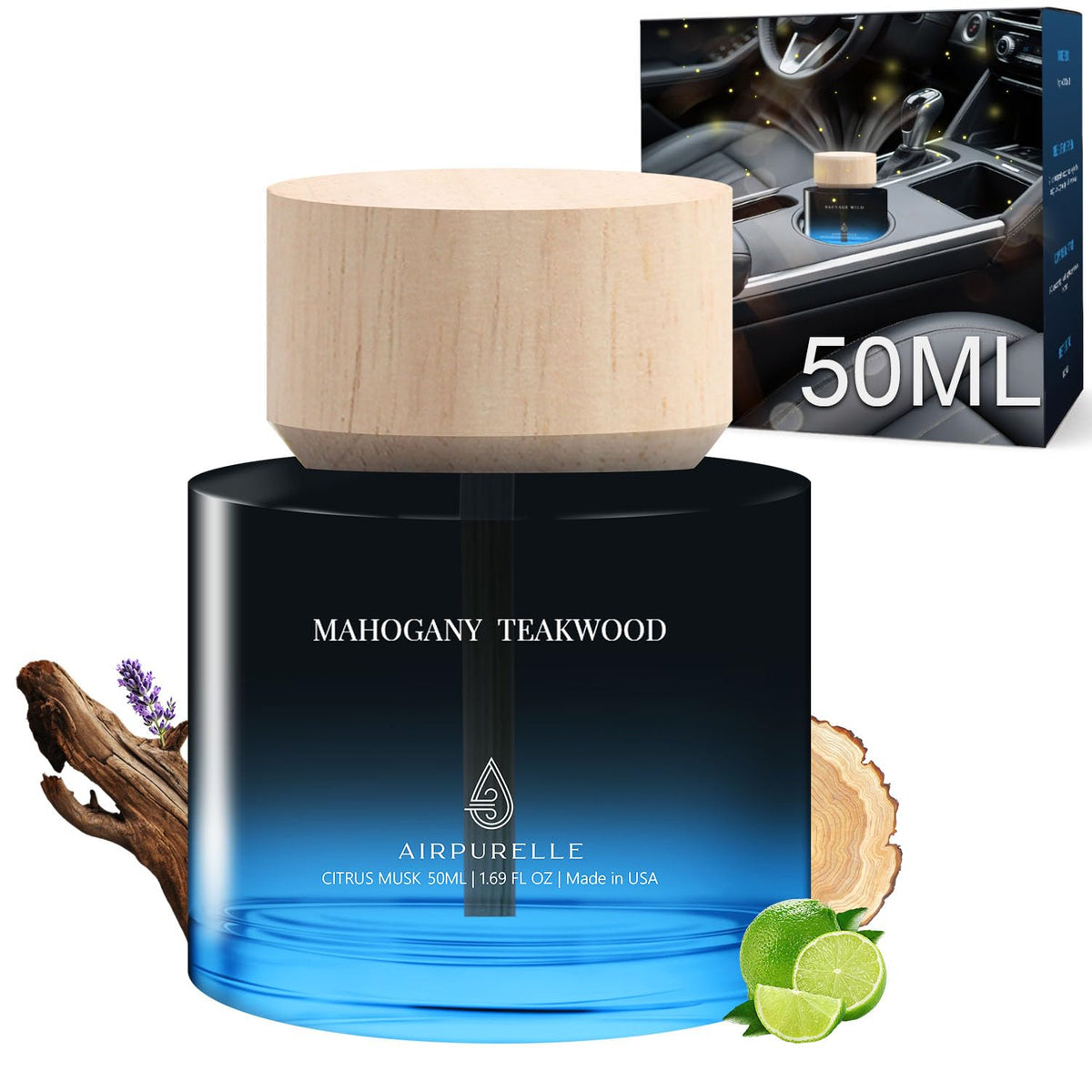 Car Air Freshener 50ML (1.7 FL OZ) Car Air Fresheners Perfume - Mahogany Teakwood Fragrance Oil Air Diffuser for Car, 180+ days Long Lasting Fragrance, Wooden Cup Design Car Fresheners, Made in USA