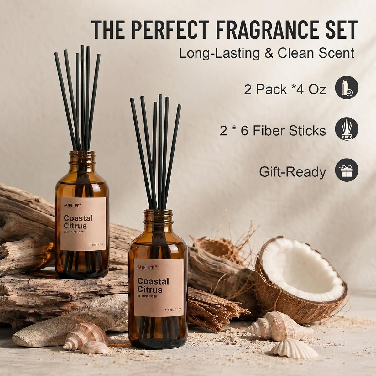 Auelife Reed Diffuser for Home, Coastal Citrus Scent Diffuser 2 Pack 8Fl Oz