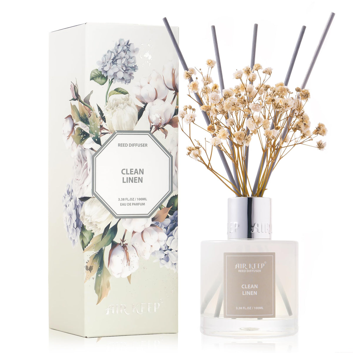 Airkeep Reed Diffuser Set, 3.38 fl oz (100 ml) - Jasmine Lily Lemon Oil Diffusers with 8 Reed Sticks, Home Fragrance Reed Diffuser for Bathroom Shelf Decor