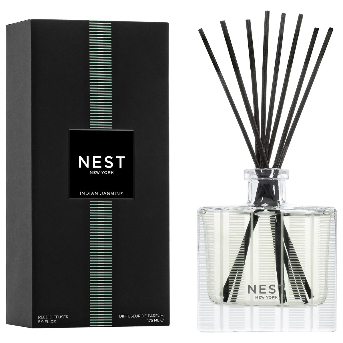 NEST New York Reed Diffuser, Bamboo - 5.9 fl oz - Fragrance for Up to 90 Days - Reusable, Refillable Glass Holder - Includes 8 All-Natural Reed Sticks - Flame Free