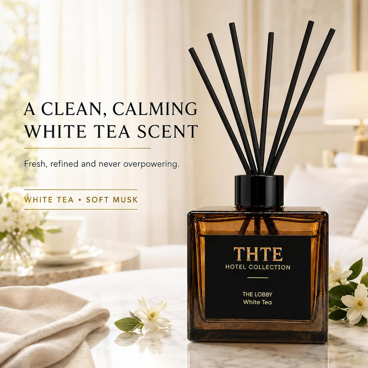 White Tea Reed Diffuser for Home, Airy Clean Hotel-Inspired Scent with Soft Musk, Long-Lasting Home Fragrance with Black Fiber Reeds for Bedroom, Bathroom and Living Room