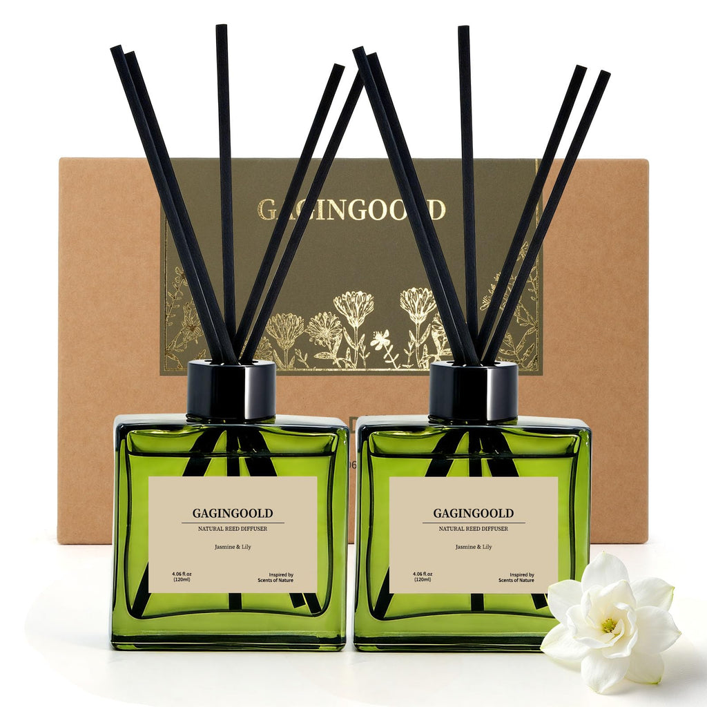 Reed Diffuser Set, 4 fl oz Jasmine Lily 2 Pack Scent Diffuser with 20 Sticks, 180 Days Long Lasting Elegant Home Fragrance for Bathroom Bedroom Office Decor Air Fresh