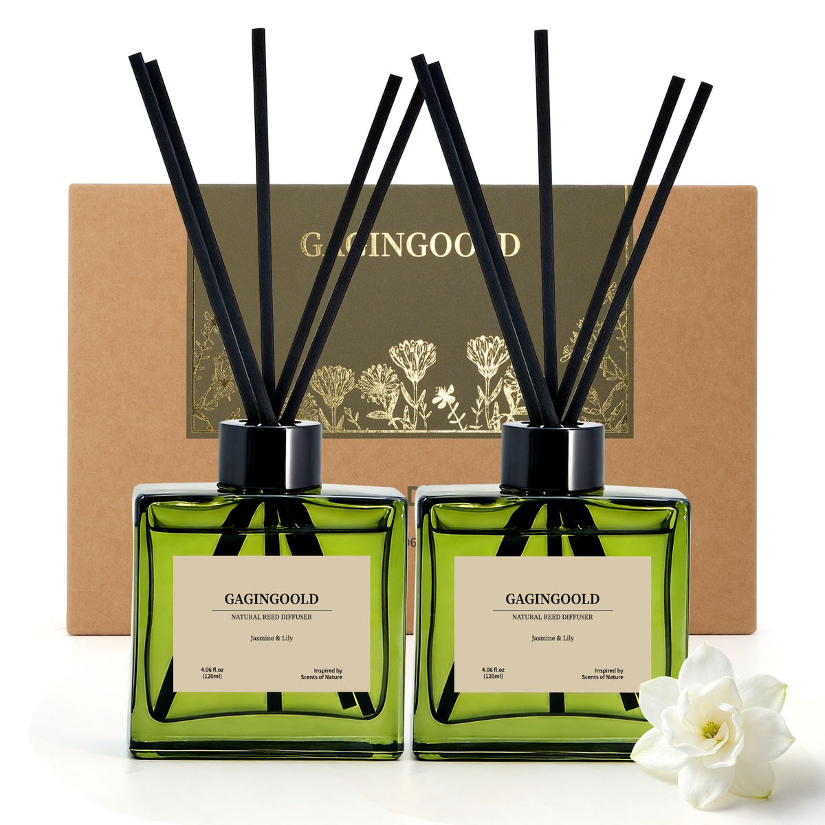 Reed Diffuser Set, 4 fl oz Jasmine Lily 2 Pack Scent Diffuser with 20 Sticks, 180 Days Long Lasting Elegant Home Fragrance for Bathroom Bedroom Office Decor Air Fresh