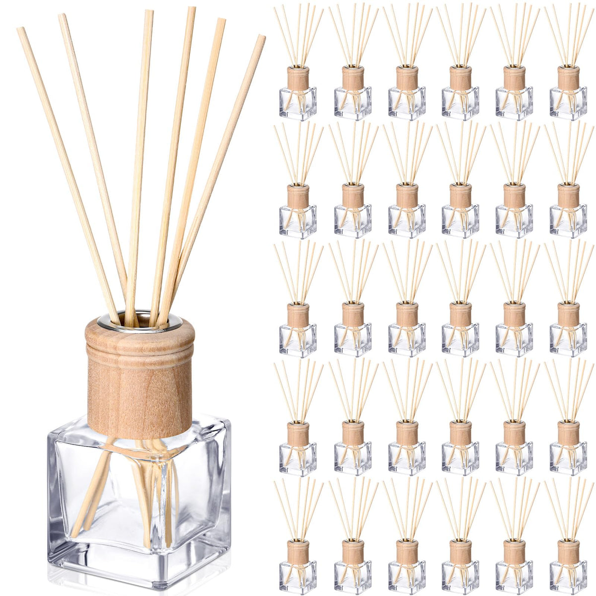 Roshtia 4 Set Reed Diffuser Bottles 50ml Glass Wooden Caps Rattan Sticks