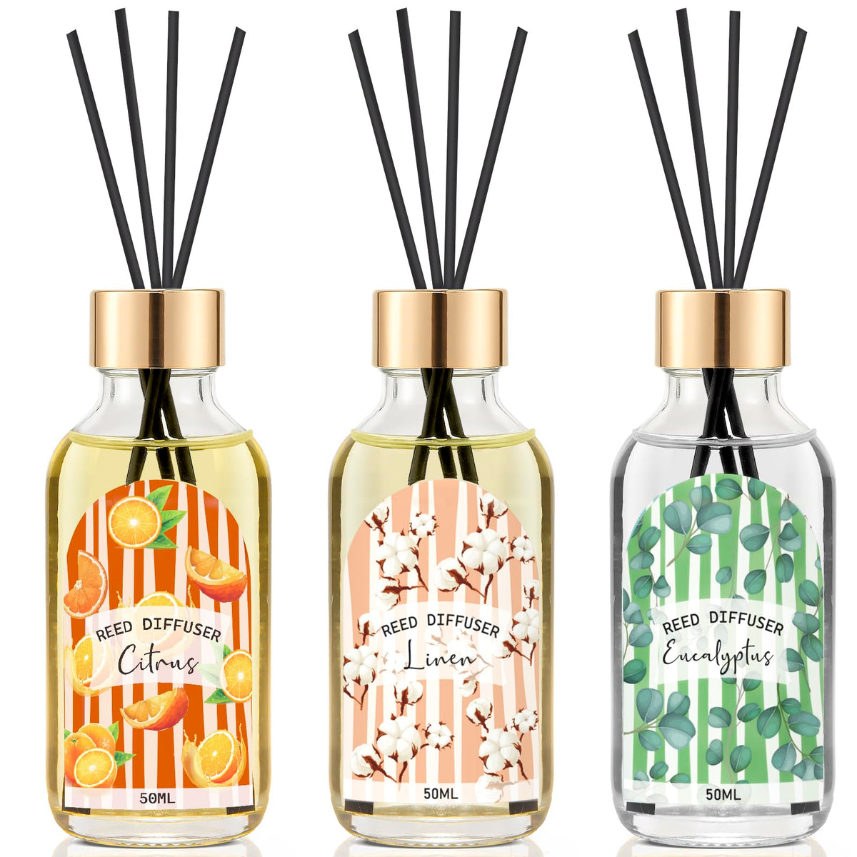 Reed Diffuser Set of 3 Pack, Linen Vanilla Citrus Scented Oil Diffuser with 15 Sticks, Reed Diffusers for Home, Bathroom Air Freshener, 1.7 Fl.oz Each, Total 5.1 Oz