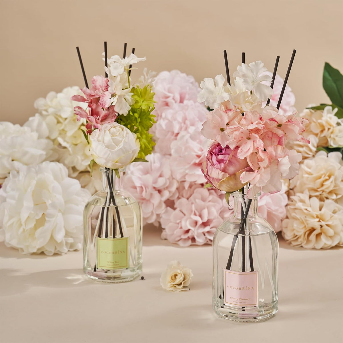 COCORRÍNA Reed Diffuser - Cherry Blossom 8.5 Fl.oz Flower Diffuser with 8 Sticks, Reed Diffusers for Home Bathroom Shelf Decor