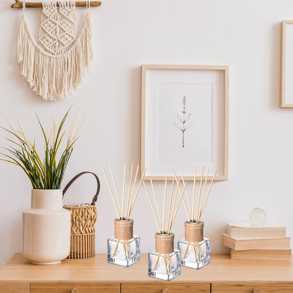 Roshtia 4 Set Reed Diffuser Bottles 50ml Glass Wooden Caps Rattan Sticks