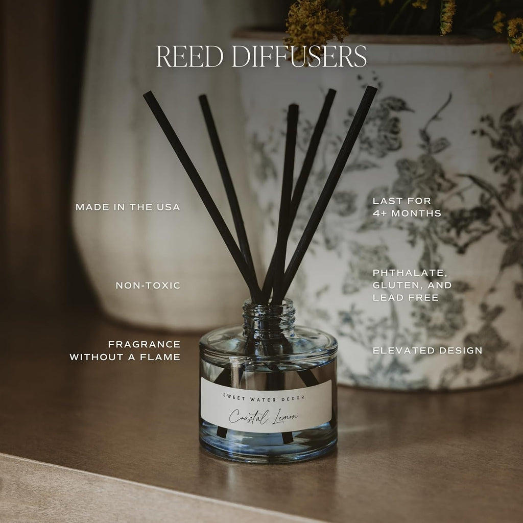 Sweet Water Decor Salt and Sea Reed Diffuser Set, Blue Tinted Glass Jar, Sea Salt Citrus and Musk Amber Scent, Long Lasting Fragrance, Non Toxic Oil Reed Diffuser for Home & Office, Poured in the USA