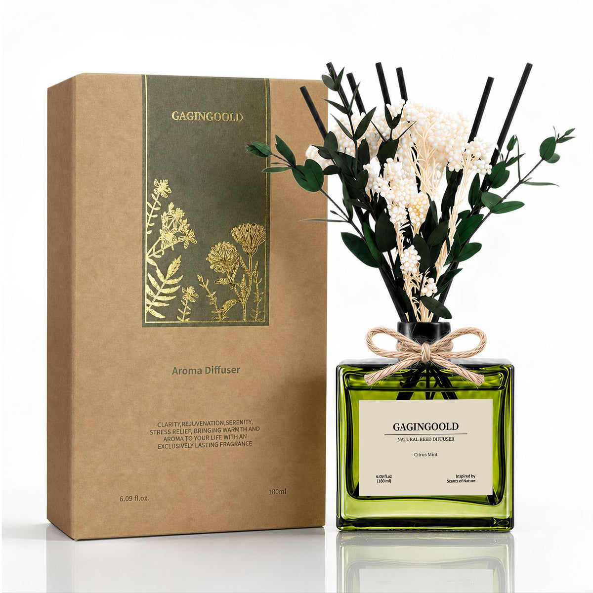 Reed Diffuser, 6.09 oz Earthy Sandalwood Scent Diffuser with Sticks & Dried Flowers, 120 Days Long Lasting diffusers for Home, Elegant Fragrance for Bathroom Bedroom Office Decor Air Fresh
