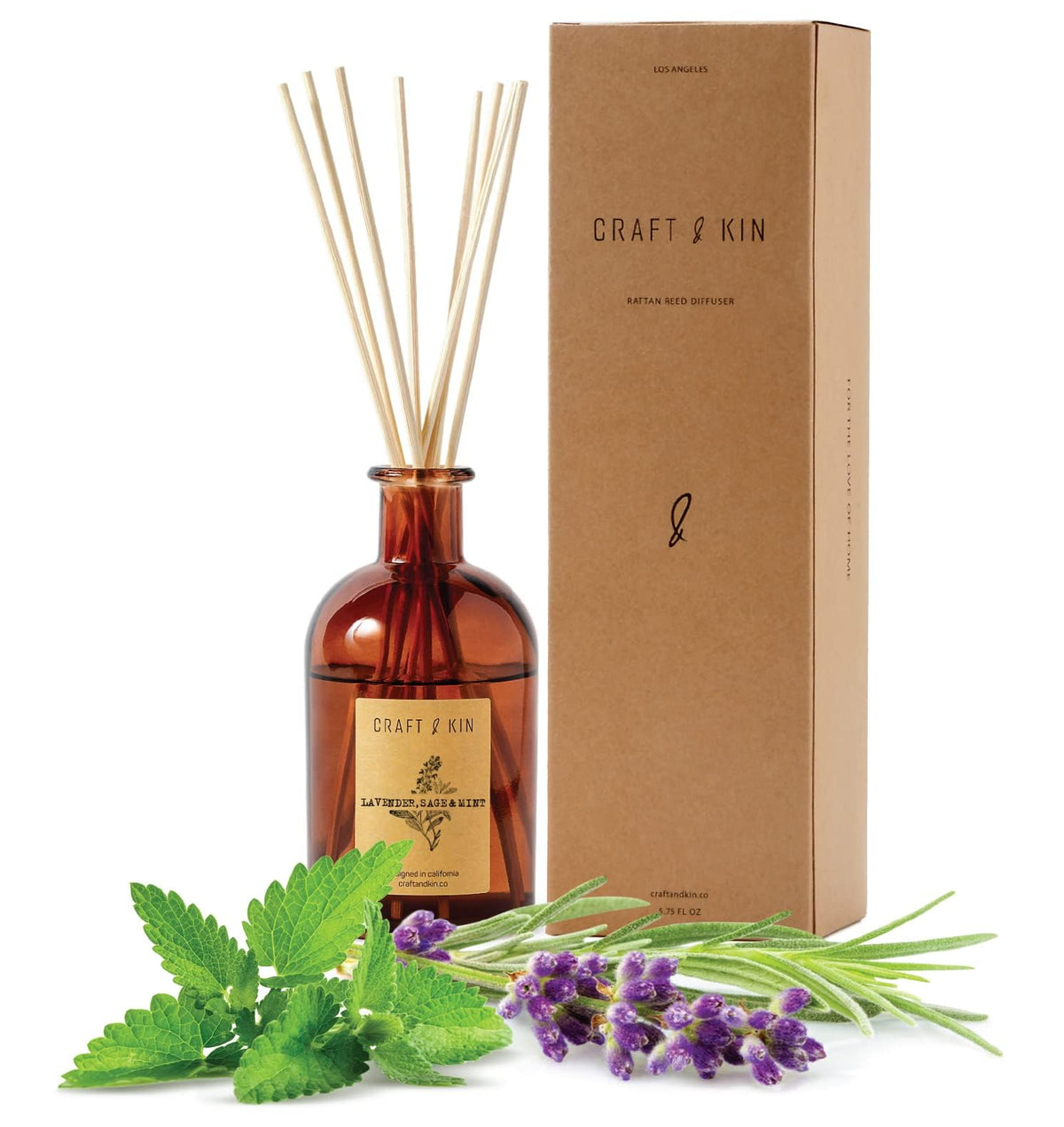 Craft & Kin Sage, Mint & Lavender Reed Diffuser – 5.75 oz Essential Oil Diffuser for Home & Bathroom – Up to 120-Day Fragrance with 8 Rattan Scent Sticks – Amber Glass Room Decor