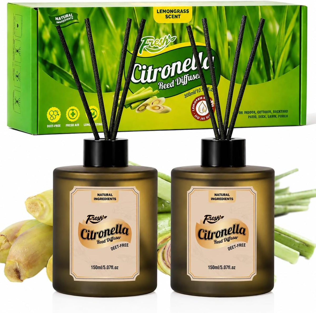 SCENTORINI Lemongrass Reed Diffuser Set with 12 Sticks for Summer, 10 oz