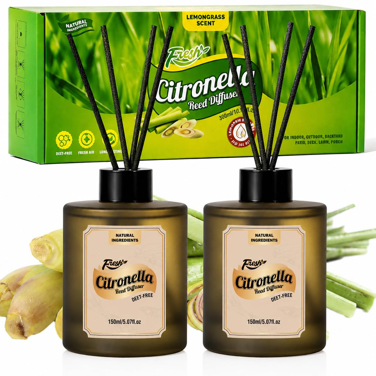 SCENTORINI Lemongrass Reed Diffuser Set with 12 Sticks for Summer, 10 oz