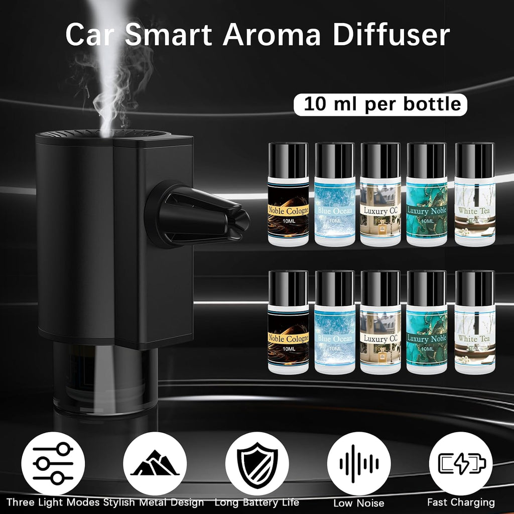 Car Air Freshener Diffuser, Smart Car Air Freshener with 3 Spray Modes, Auto On/Off, Rechargeable Aromatizante para Carro with 10pcs Essential Oil, 5 Scents, Long-Lasting, 2Pack