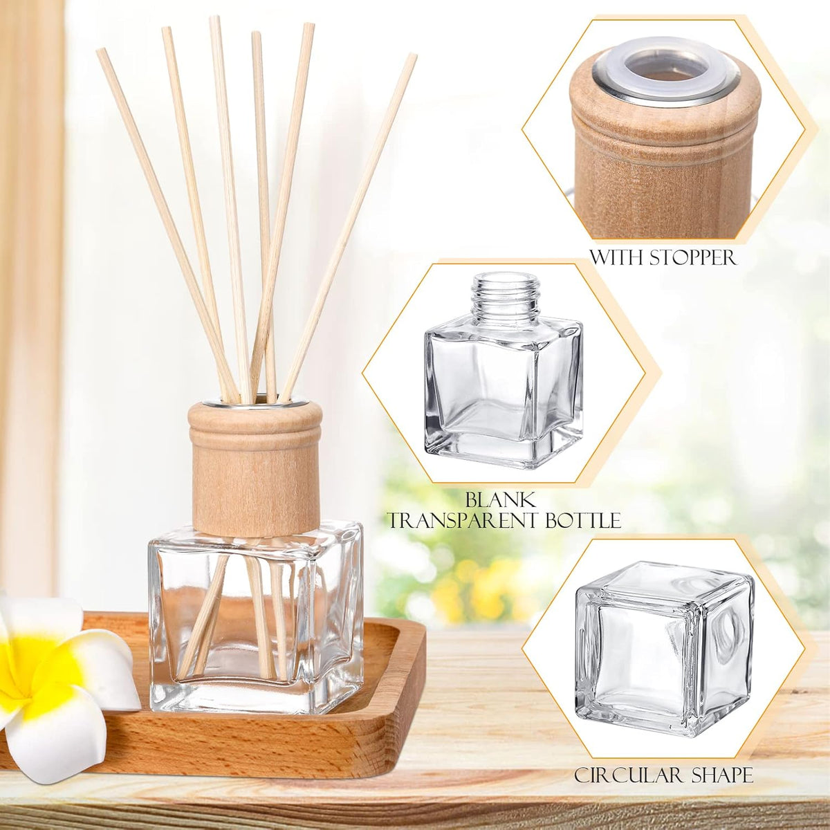 Roshtia 4 Set Reed Diffuser Bottles 50ml Glass Wooden Caps Rattan Sticks
