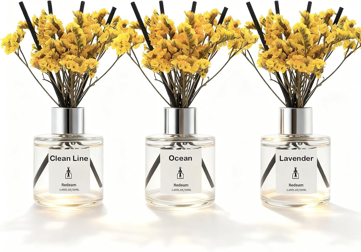 Reed Diffuser Set of 3 Pack, Linen Ocean Lavender Scented Oil Diffuser with 5 Sticks, Reed Diffuser for Home, Bathroom, Bathroom Air Freshener 1.7 FL.oz Each