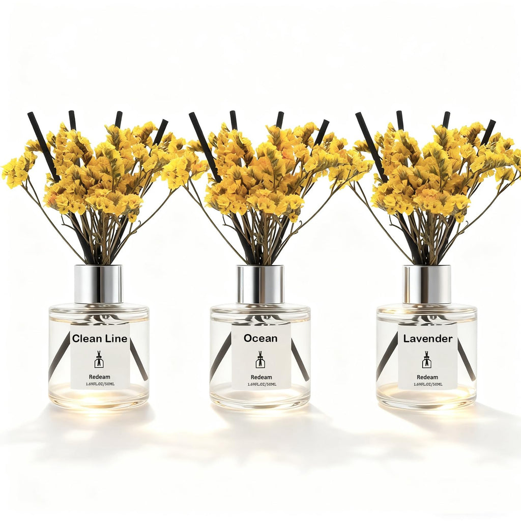 Reed Diffuser Set of 3 Pack, Linen Ocean Lavender Scented Oil Diffuser with 5 Sticks, Reed Diffuser for Home, Bathroom, Bathroom Air Freshener 1.7 FL.oz Each