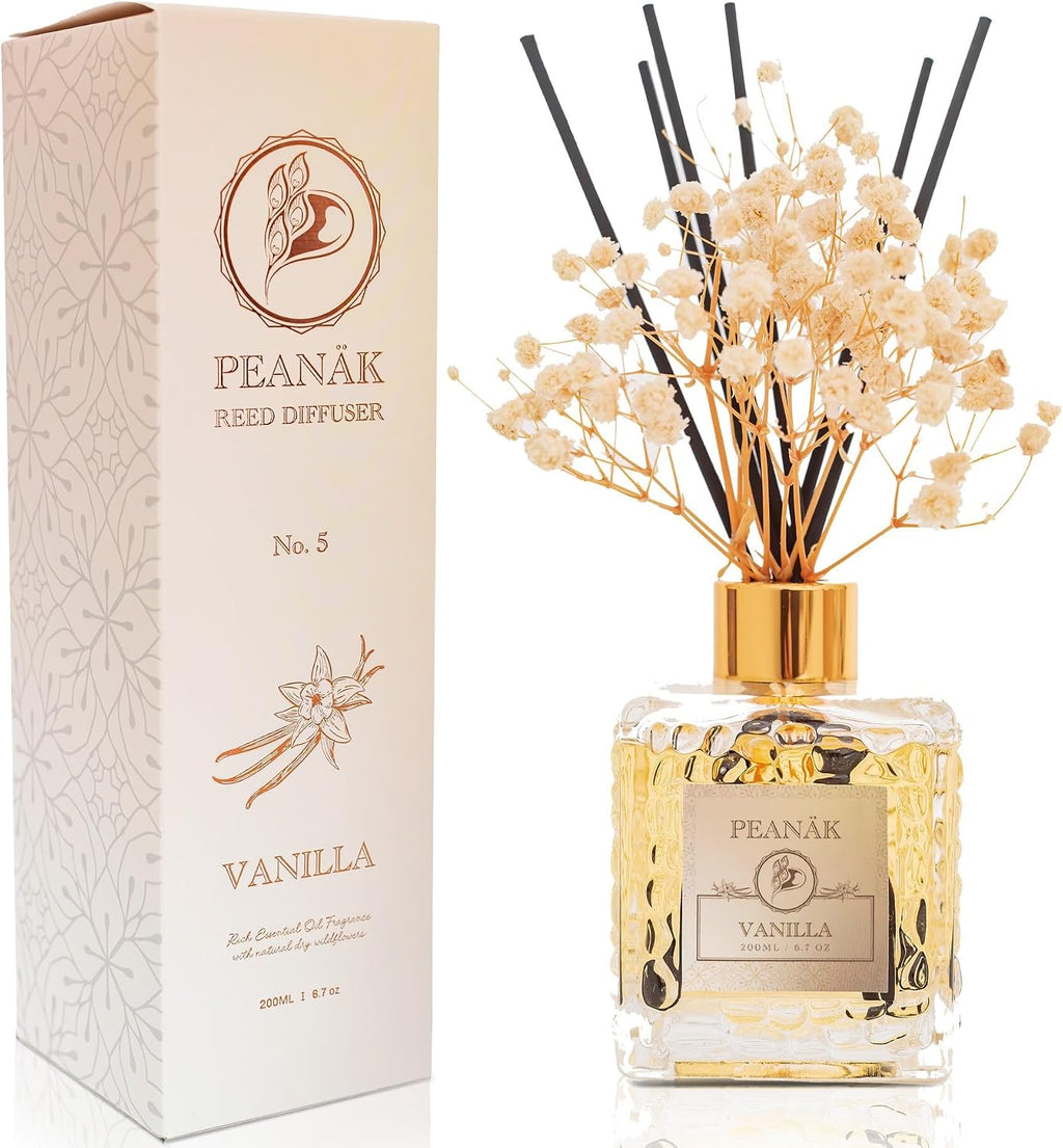 PEANÄK Reed Diffuser Set - Coconut Vanilla 6.7 fl oz | Scented Oil Diffuser with 8 Sticks for Bathroom Shelf Decor & Home Fragrance