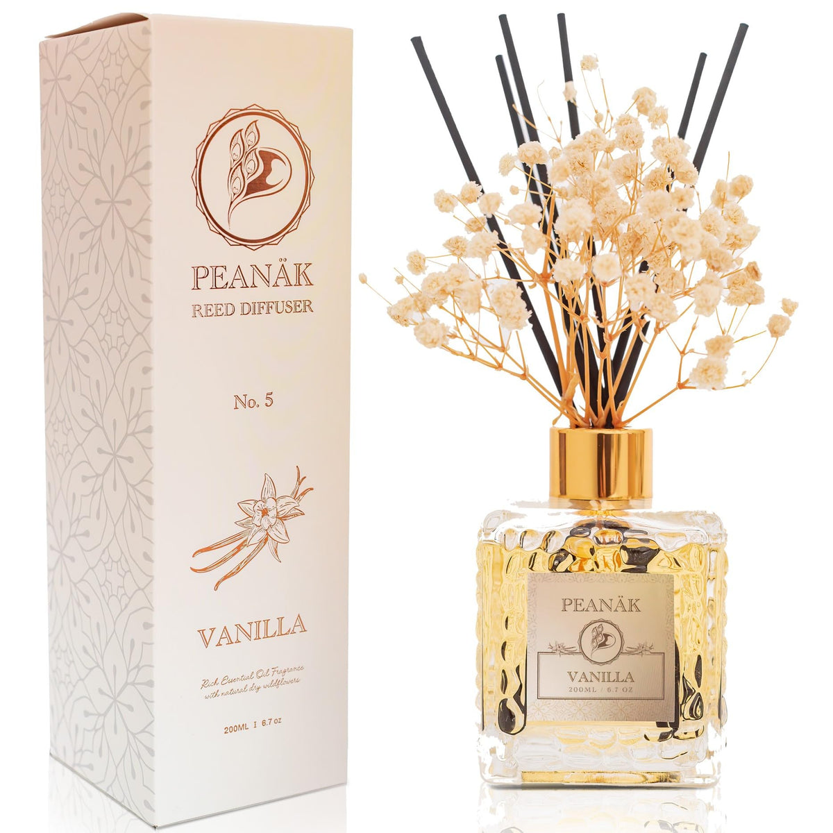 PEANÄK Reed Diffuser Set - Coconut Vanilla 6.7 fl oz | Scented Oil Diffuser with 8 Sticks for Bathroom Shelf Decor & Home Fragrance
