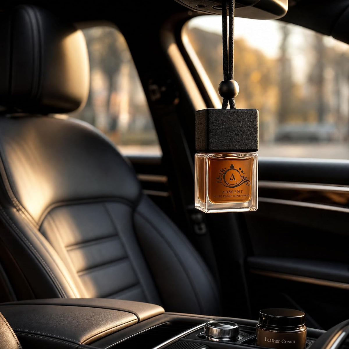 Leather Cream Luxury Car Air Freshener, Hanging Glass Bottle Diffuser, Leather + Vanilla Cream Fragrance, Long-Lasting Up to 45–60 Days, Made in Canada