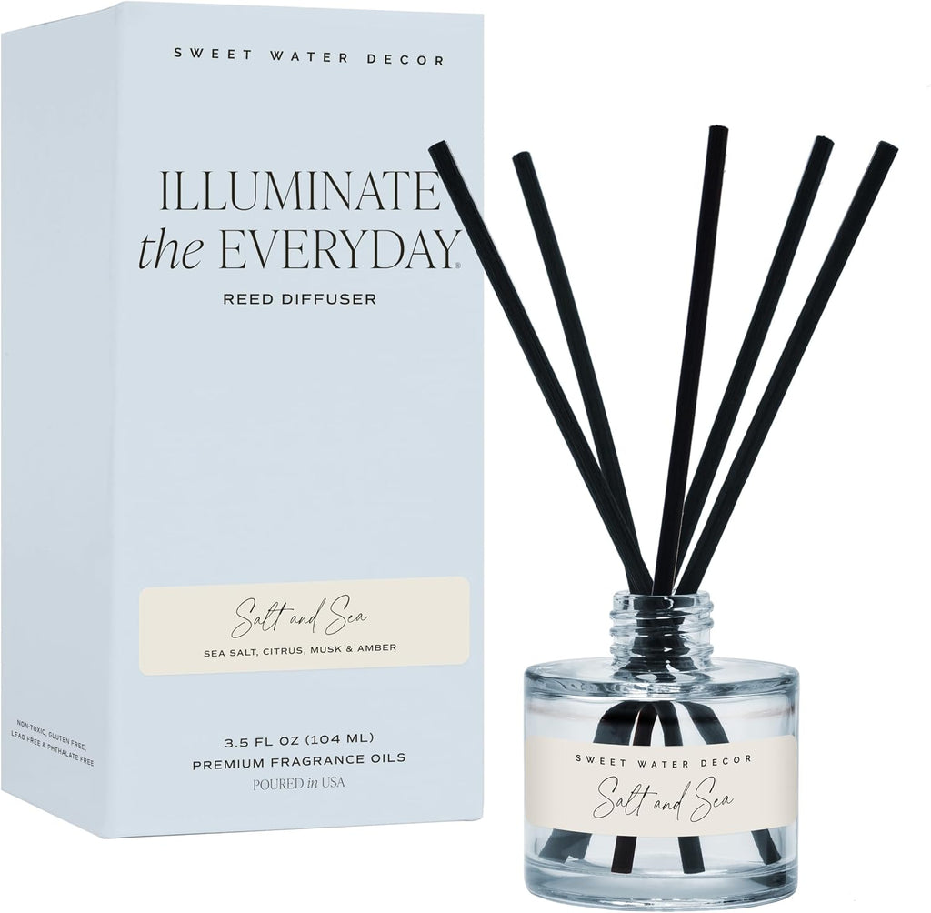 Sweet Water Decor Salt and Sea Reed Diffuser Set, Blue Tinted Glass Jar, Sea Salt Citrus and Musk Amber Scent, Long Lasting Fragrance, Non Toxic Oil Reed Diffuser for Home & Office, Poured in the USA